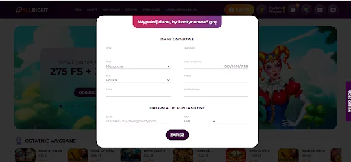 All Right Casino rejestracja krok 2