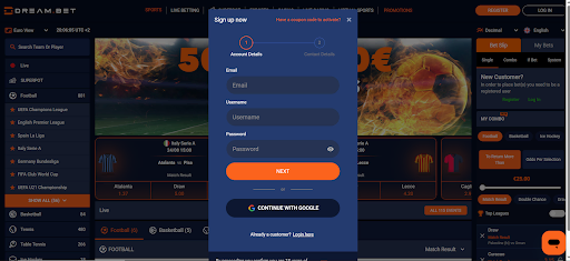 Dreambet rejestracja krok 1