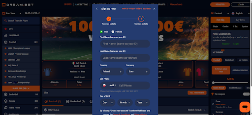 Dreambet rejestracja krok 2