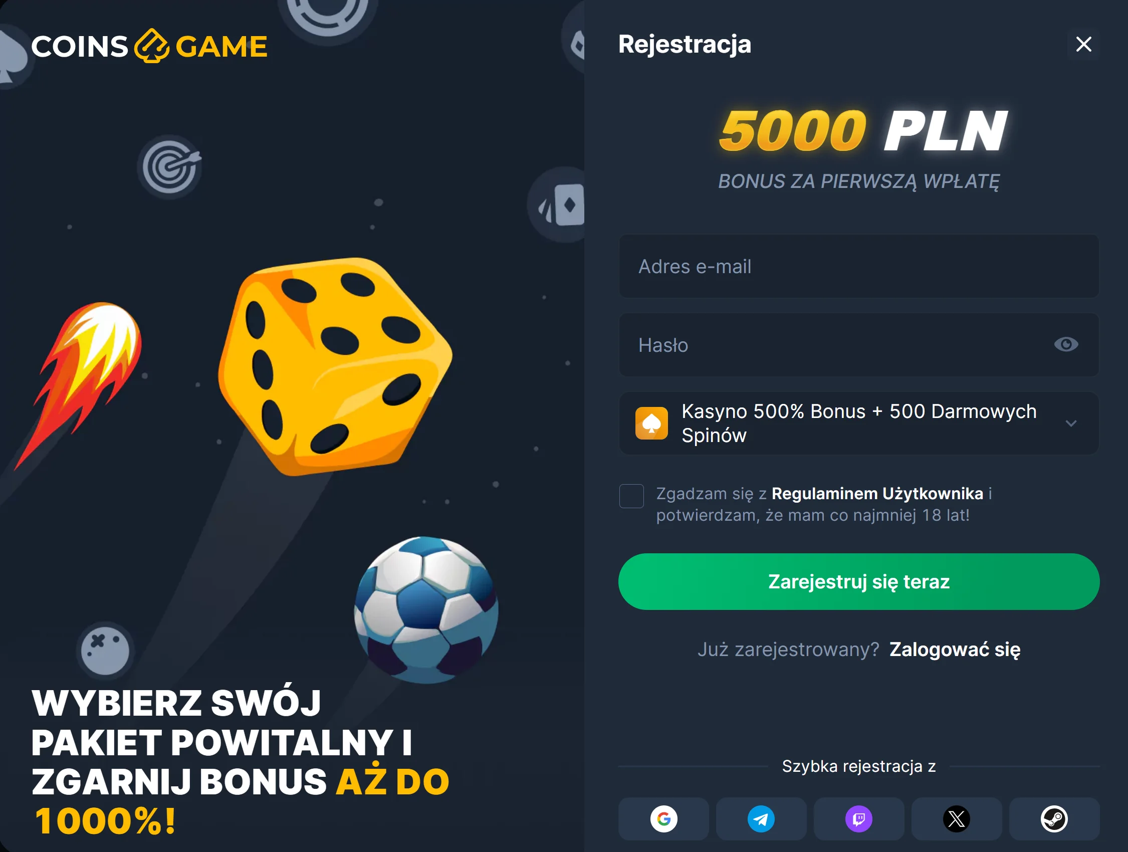 CoinsGame Casino Rejestracja 2 krok