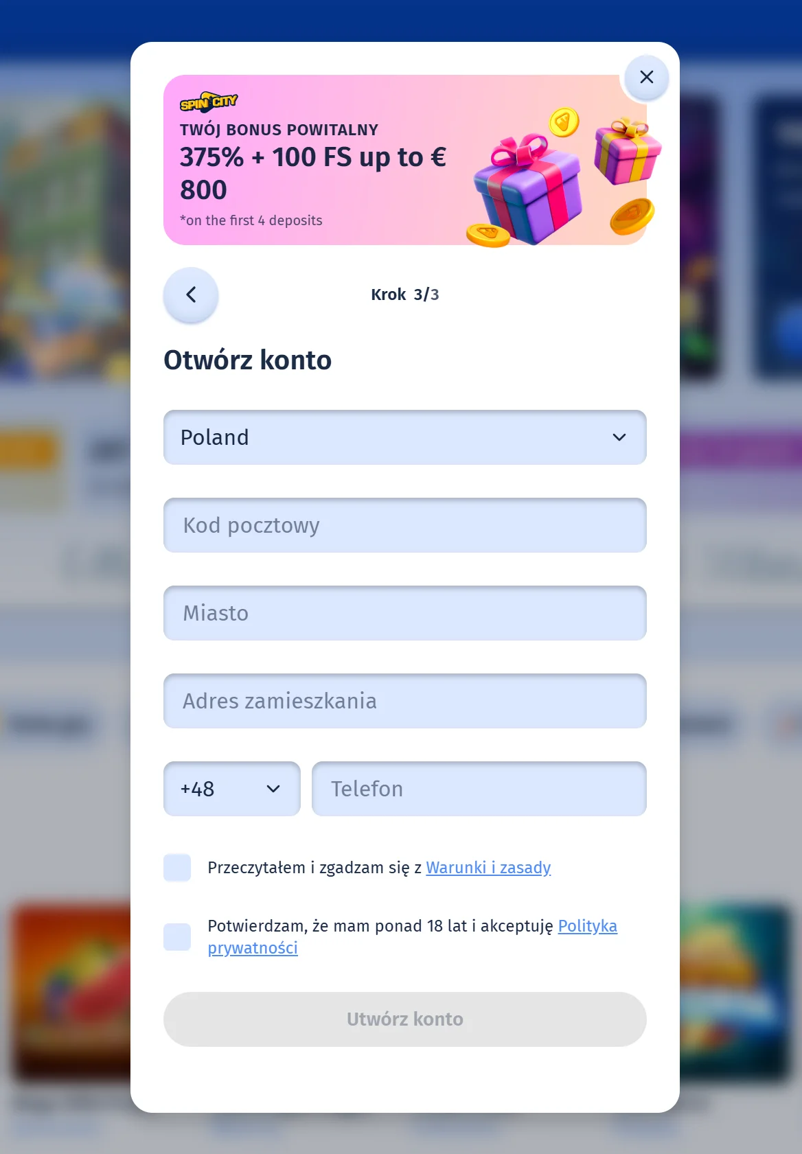 Spin City Rejestracja 4 krok