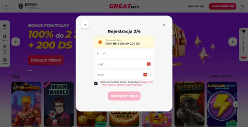 GreatWin rejetracja krok 1