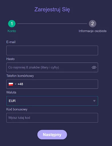 Opabet rejestracja krok 1