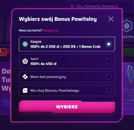 RobyCasino rejestracja krok 1