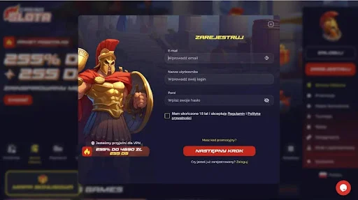 Slota Casino rejestracja krok 1