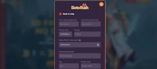 SlotoRush rejesracja krok 2