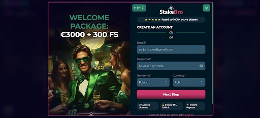 StakeBro bonus bez depozytu rejestracja krok 1