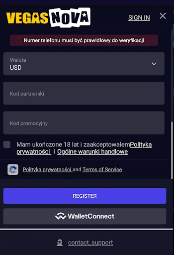 VegasNova rejestracja krok 2