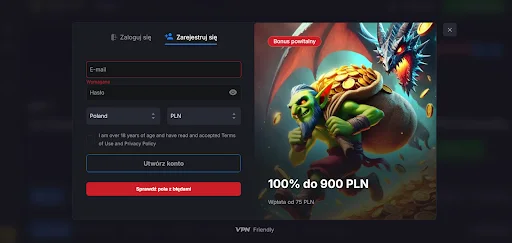 WinCraft casino rejestracja krok 1