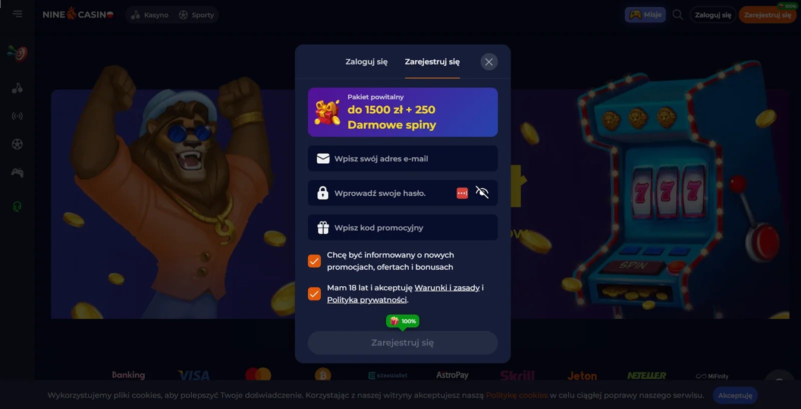 nine casino bonus bez depozytu krok 1