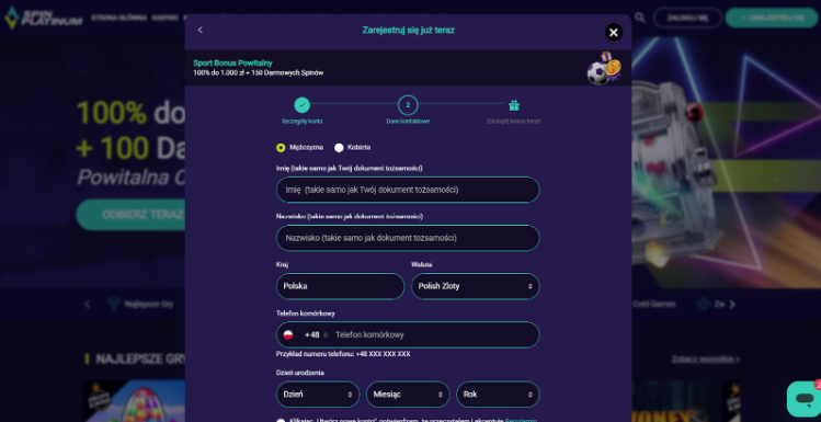 spinplatinum rejestracja krok 2
